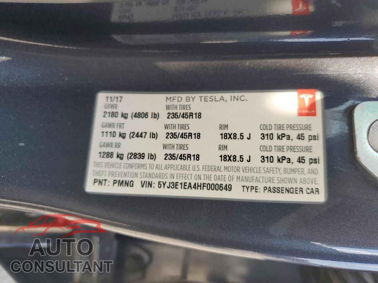 TESLA MODEL 3 2017 - 5YJ3E1EA4HF000649