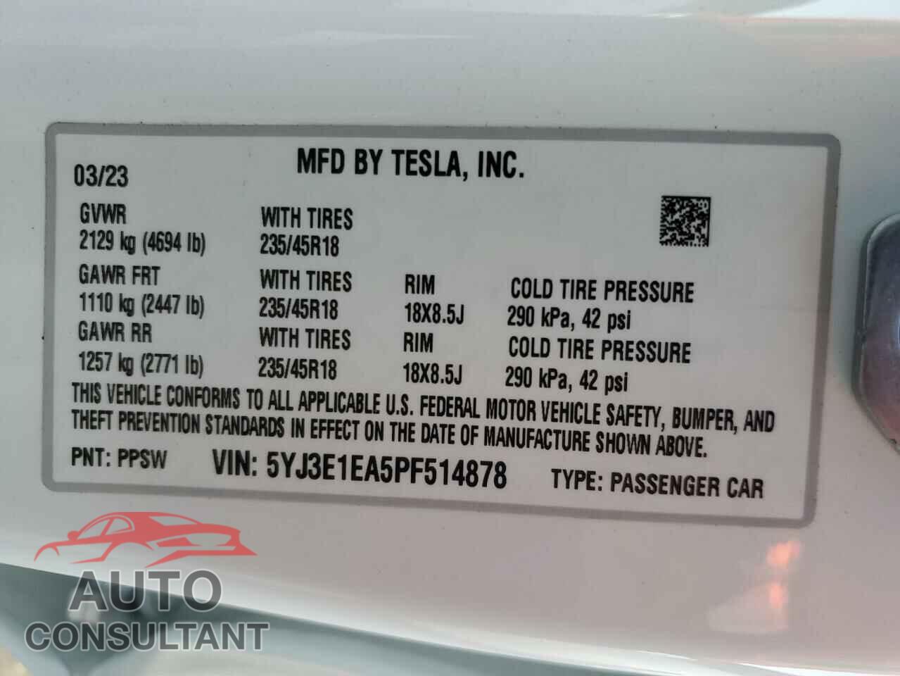 TESLA MODEL 3 2023 - 5YJ3E1EA5PF514878