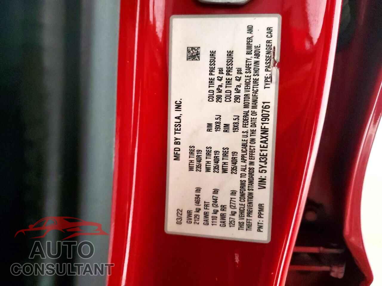 TESLA MODEL 3 2022 - 5YJ3E1EAXNF190761