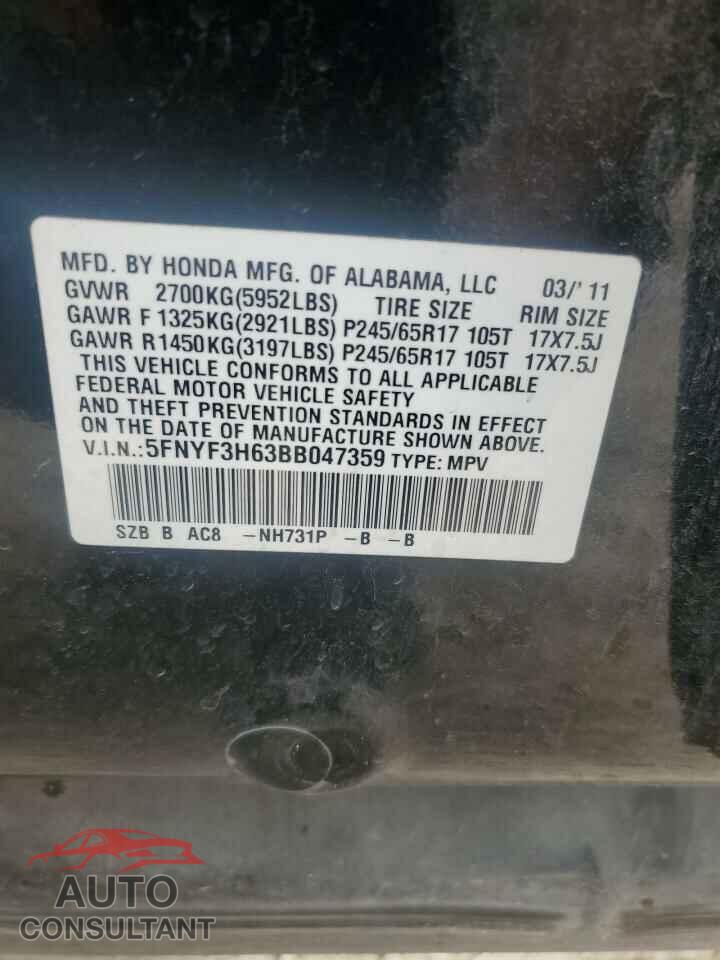 HONDA PILOT 2011 - 5FNYF3H63BB047359
