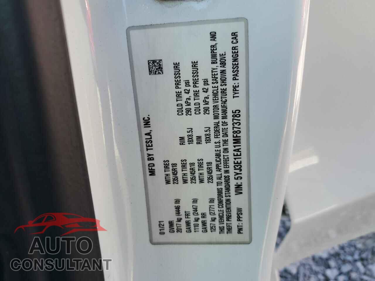 TESLA MODEL 3 2021 - 5YJ3E1EA1MF873785
