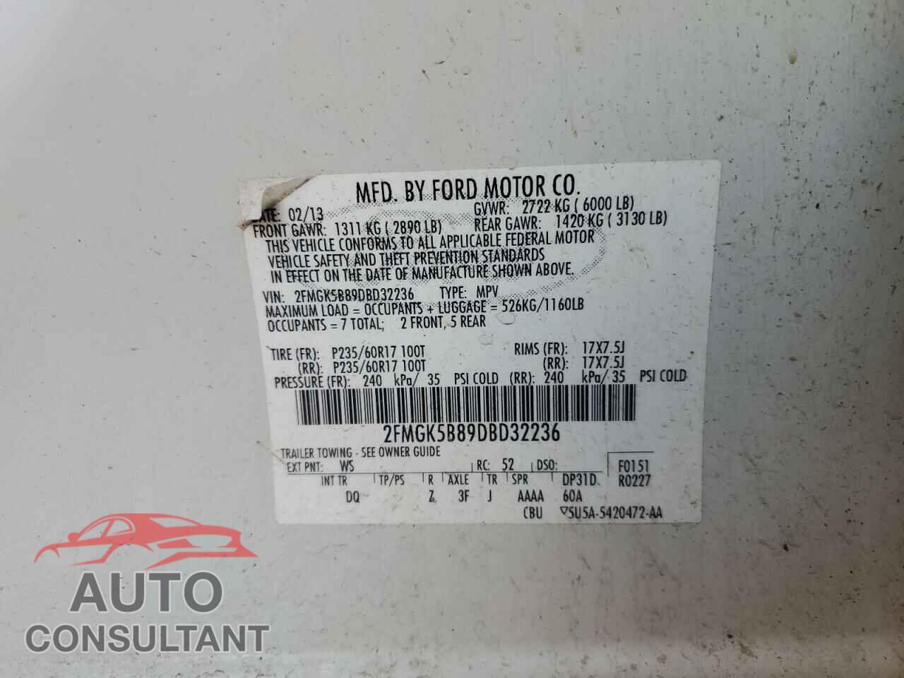 FORD FLEX 2013 - 2FMGK5B89DBD32236
