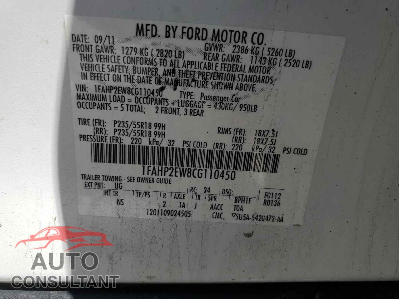 FORD TAURUS 2012 - 1FAHP2EW8CG110450