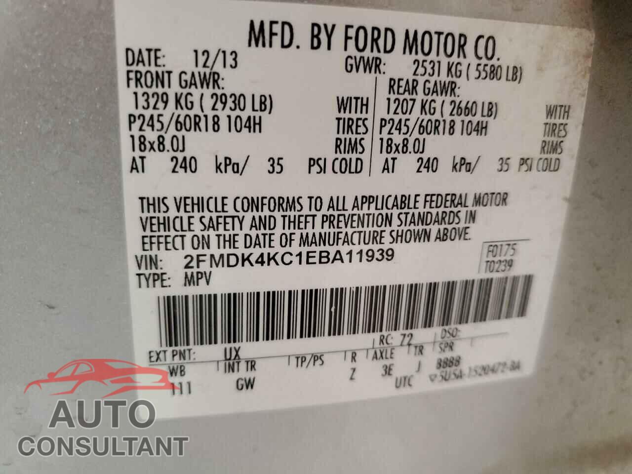 FORD EDGE 2014 - 2FMDK4KC1EBA11939