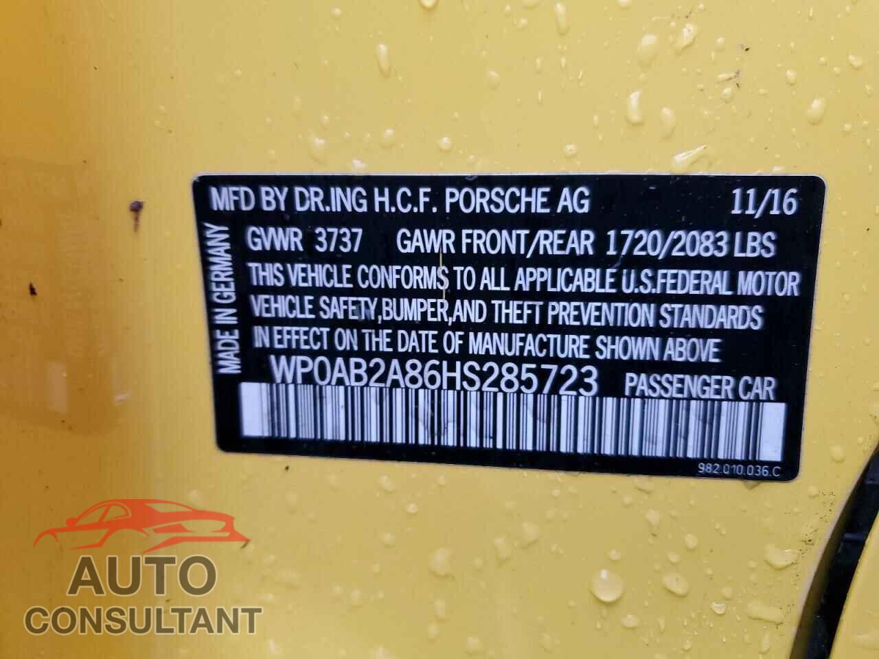 PORSCHE CAYMAN 2017 - WP0AB2A86HS285723