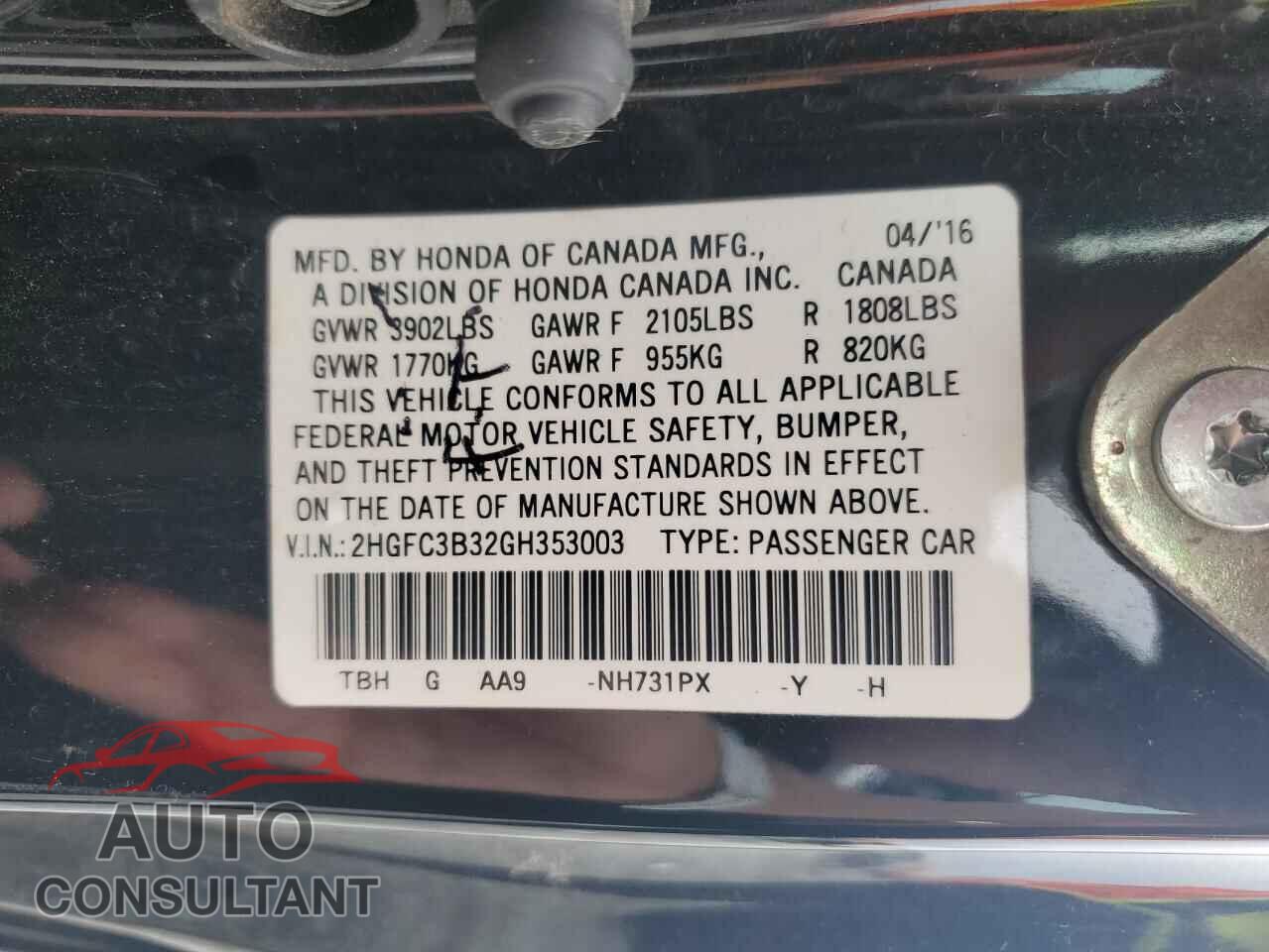 HONDA CIVIC 2016 - 2HGFC3B32GH353003
