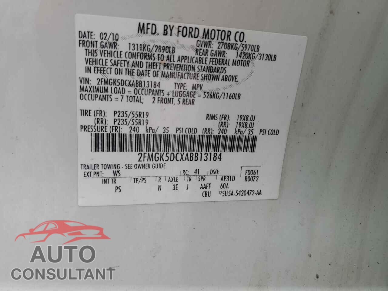 FORD FLEX 2010 - 2FMGK5DCXABB13184
