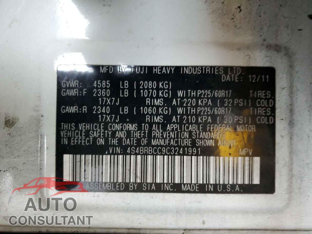 SUBARU OUTBACK 2012 - 4S4BRBCC9C3241991