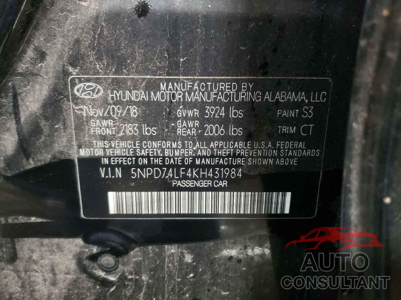 HYUNDAI ELANTRA 2019 - 5NPD74LF4KH431984