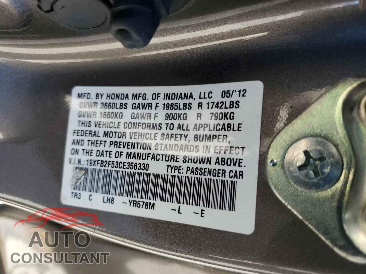 HONDA CIVIC 2012 - 19XFB2F53CE356330