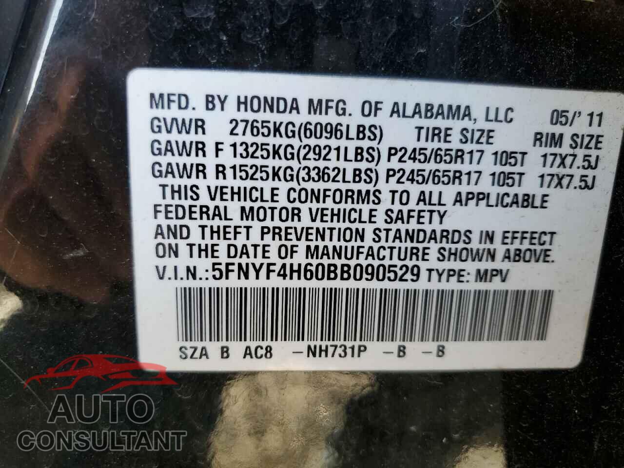 HONDA PILOT 2011 - 5FNYF4H60BB090529
