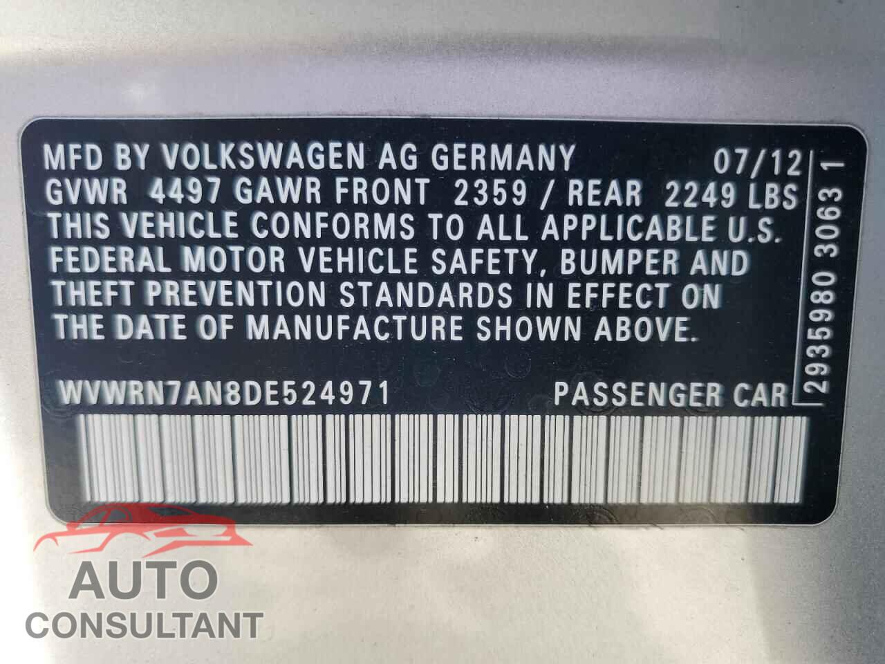 VOLKSWAGEN CC 2013 - WVWRN7AN8DE524971