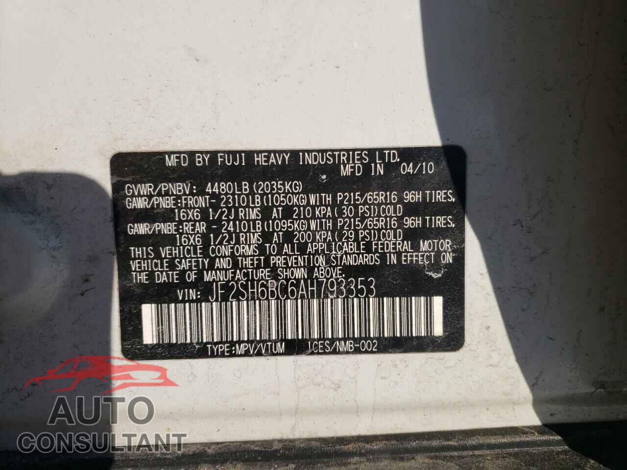 SUBARU FORESTER 2010 - JF2SH6BC6AH793353