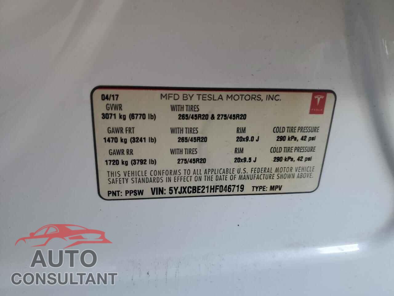 TESLA MODEL X 2017 - 5YJXCBE21HF046719