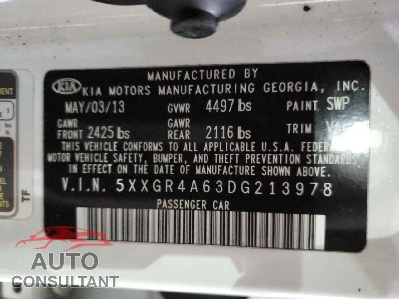 KIA OPTIMA 2013 - 5XXGR4A63DG213978
