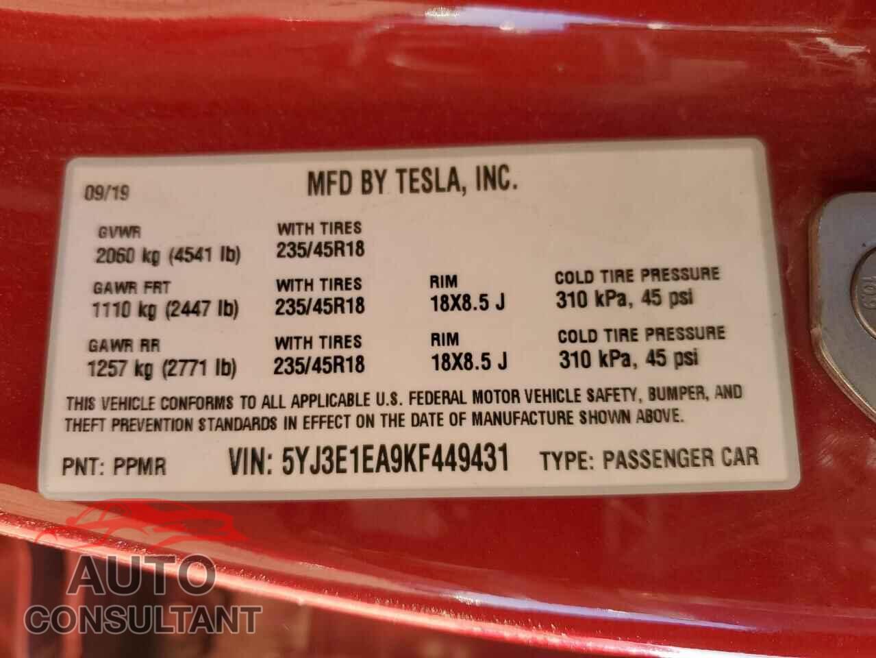 TESLA MODEL 3 2019 - 5YJ3E1EA9KF449431