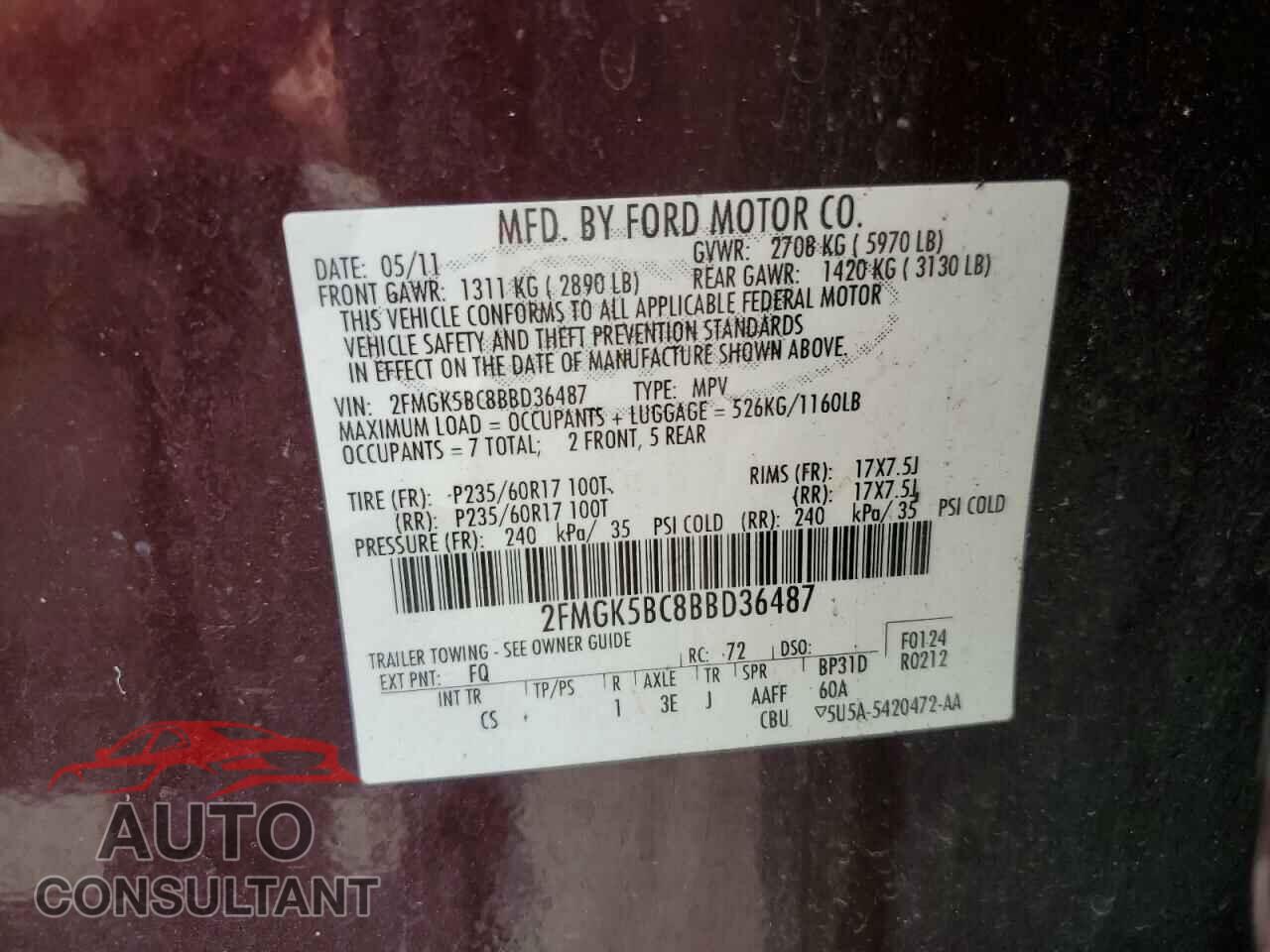 FORD FLEX 2011 - 2FMGK5BC8BBD36487