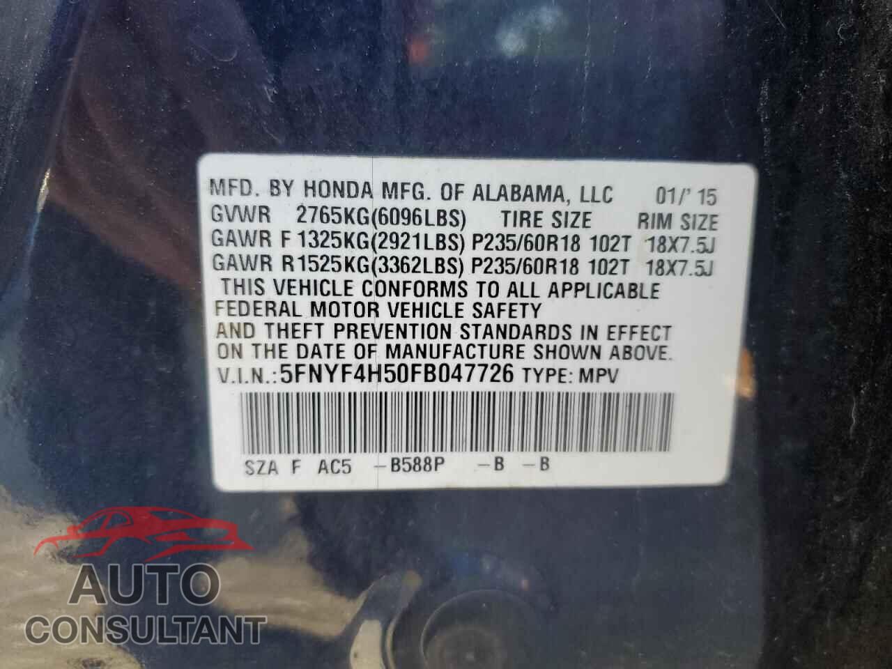 HONDA PILOT 2015 - 5FNYF4H50FB047726