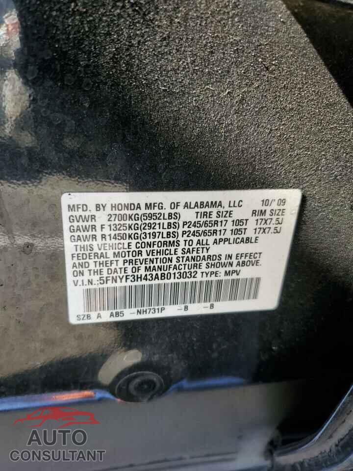 HONDA PILOT 2010 - 5FNYF3H43AB013032
