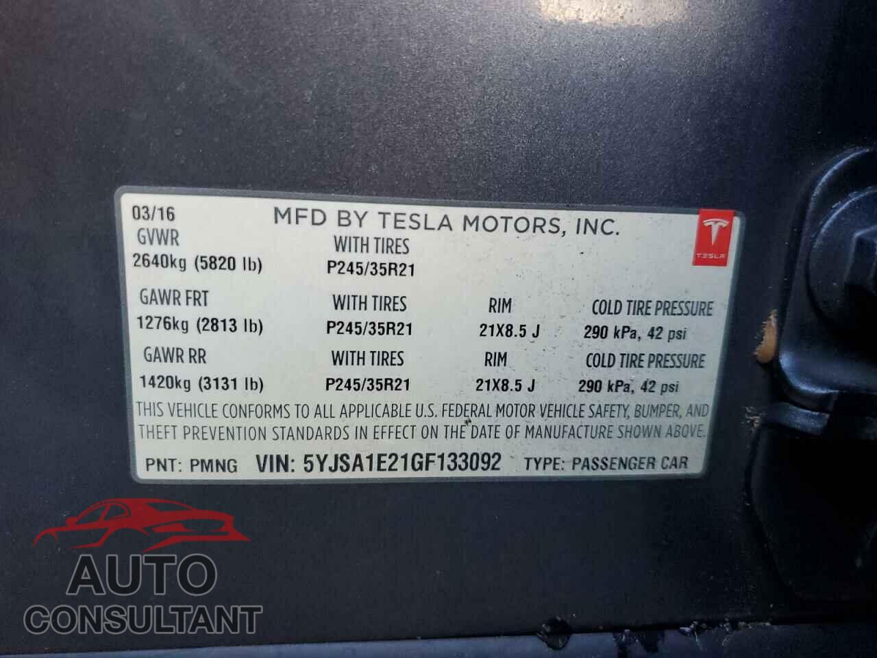 TESLA MODEL S 2016 - 5YJSA1E21GF133092
