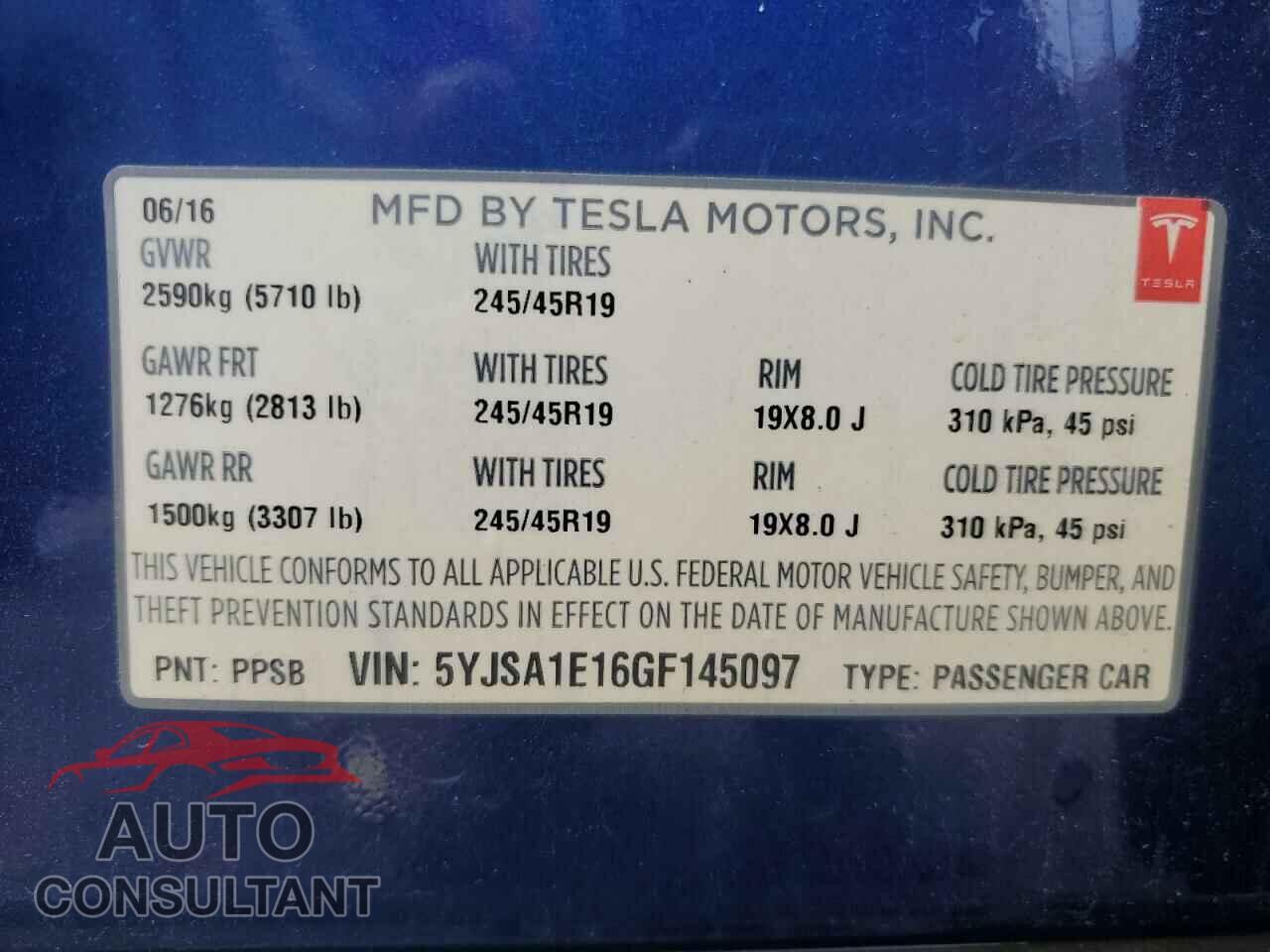 TESLA MODEL S 2016 - 5YJSA1E16GF145097