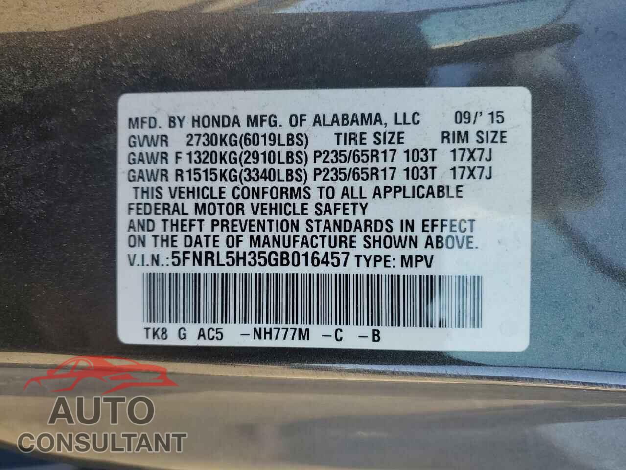HONDA ODYSSEY 2016 - 5FNRL5H35GB016457