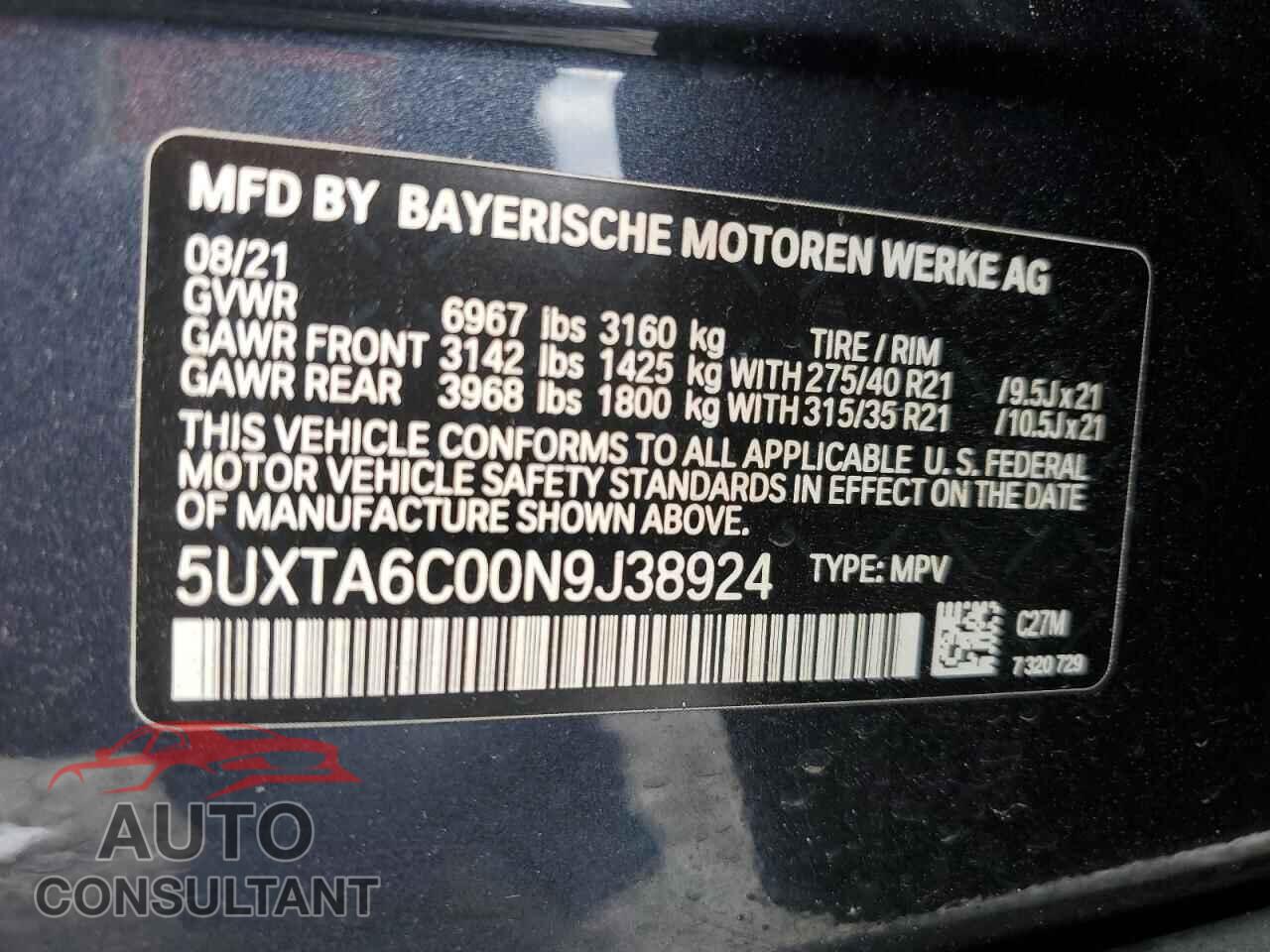 BMW X5 2022 - 5UXTA6C00N9J38924