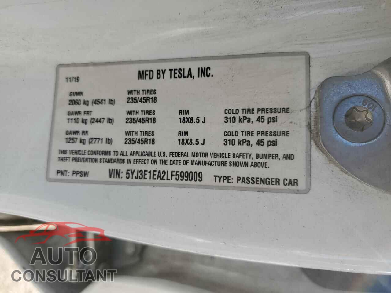 TESLA MODEL 3 2020 - 5YJ3E1EA2LF599009
