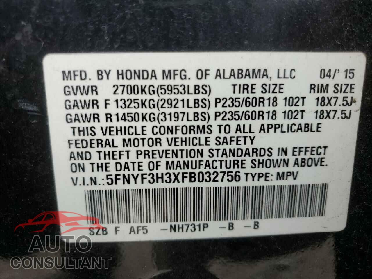 HONDA PILOT 2015 - 5FNYF3H3XFB032756