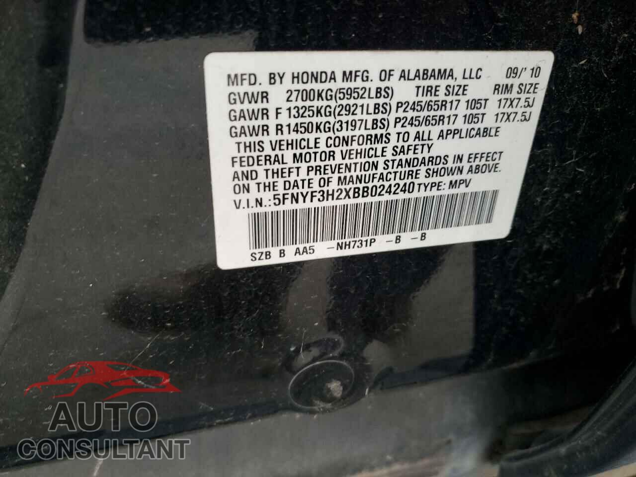 HONDA PILOT 2011 - 5FNYF3H2XBB024240