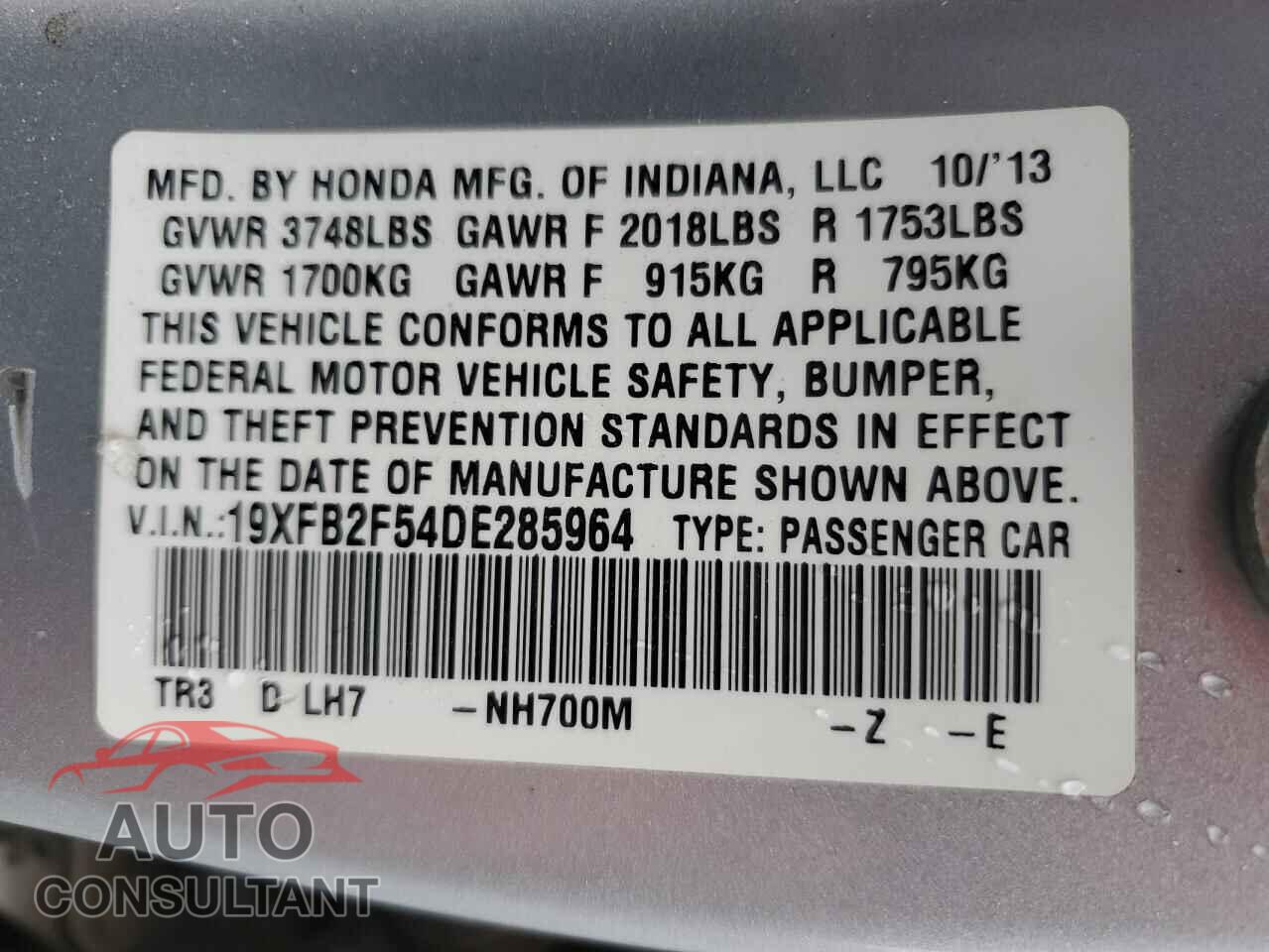 HONDA CIVIC 2013 - 19XFB2F54DE285964