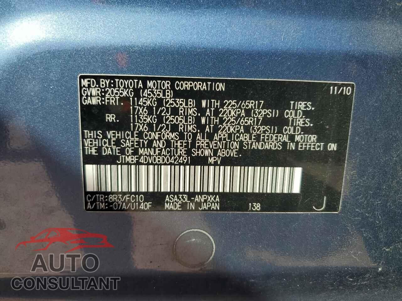 TOYOTA RAV4 2011 - JTMBF4DV0BD042491