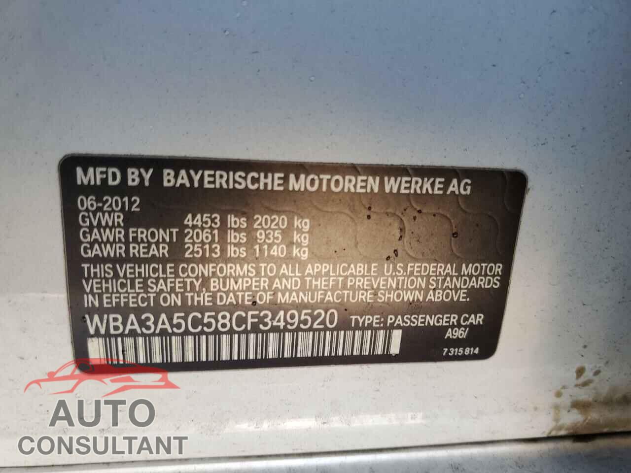 BMW 3 SERIES 2012 - WBA3A5C58CF349520