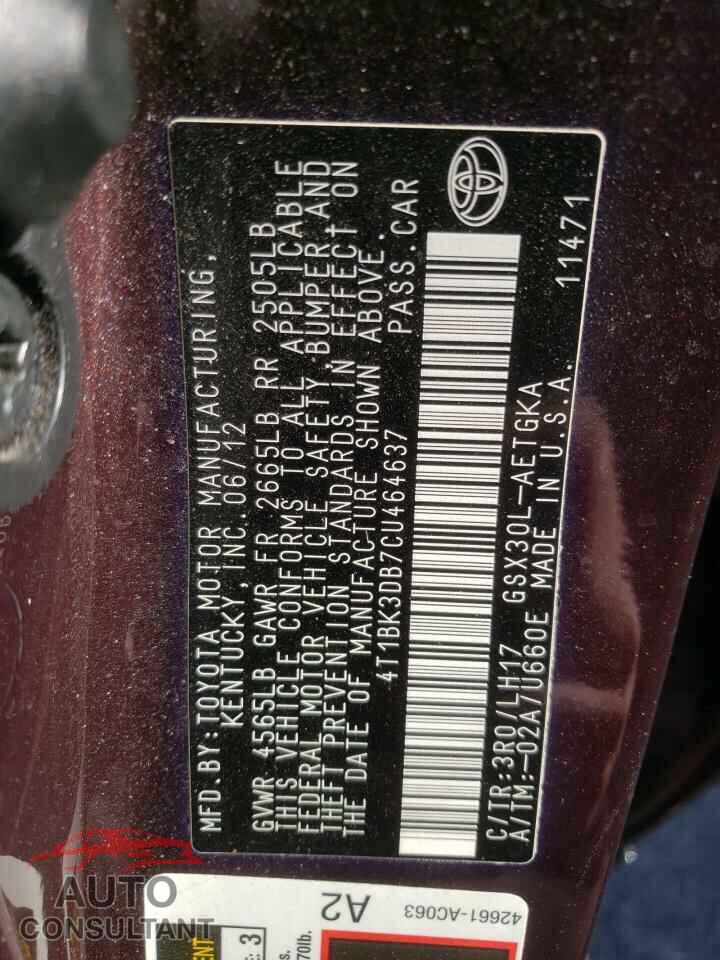 TOYOTA AVALON 2012 - 4T1BK3DB7CU464637