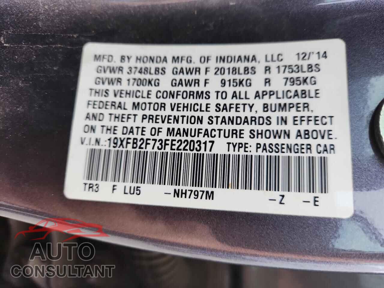 HONDA CIVIC 2015 - 19XFB2F73FE220317