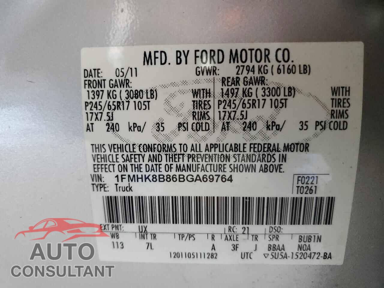 FORD EXPLORER 2011 - 1FMHK8B86BGA69764