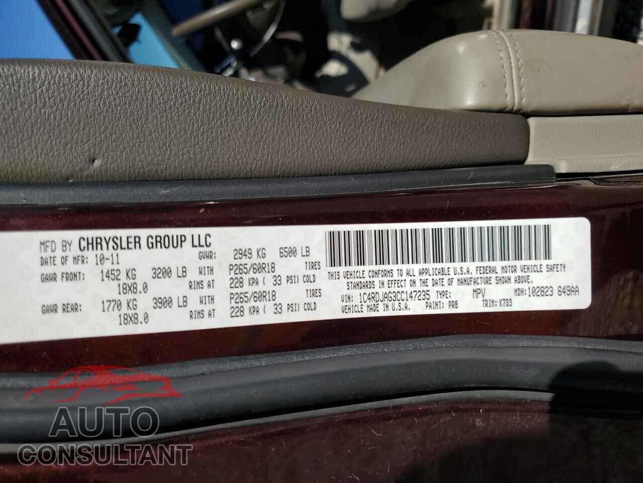 DODGE DURANGO 2012 - 1C4RDJAG3CC147235
