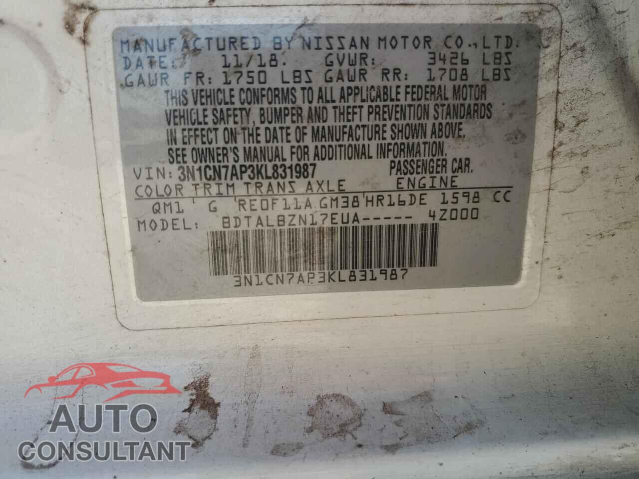 NISSAN VERSA 2019 - 3N1CN7AP3KL831987