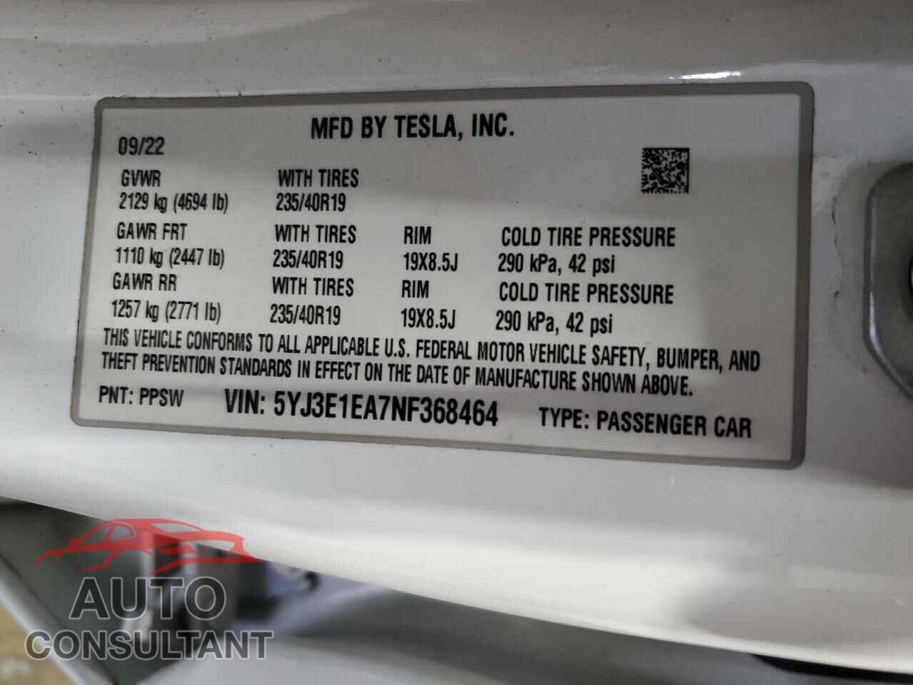 TESLA MODEL 3 2022 - 5YJ3E1EA7NF368464
