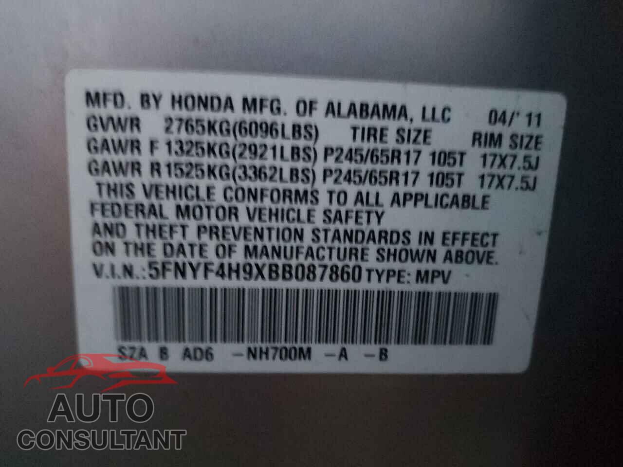 HONDA PILOT 2011 - 5FNYF4H9XBB087860