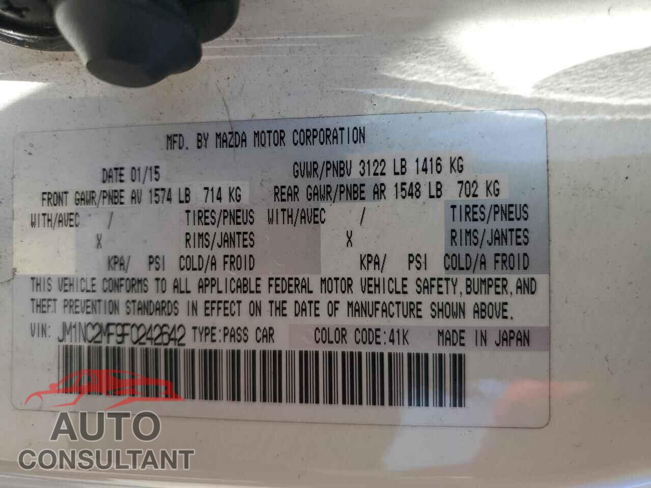 MAZDA MX5 2015 - JM1NC2MF9F0242642