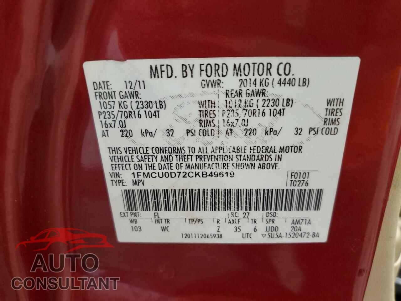 FORD ESCAPE 2012 - 1FMCU0D72CKB49619