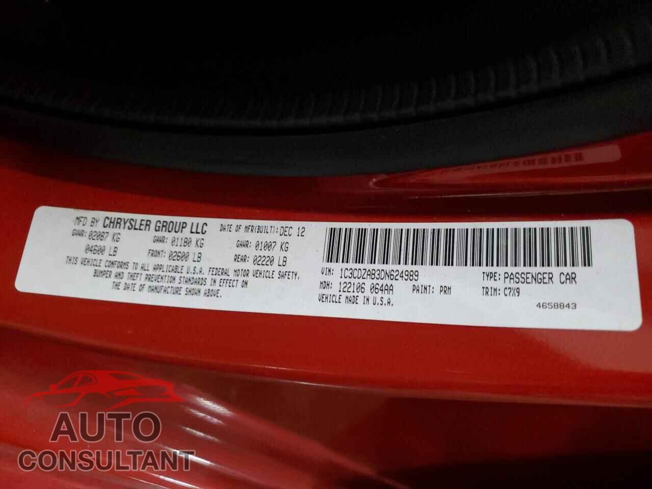 DODGE AVENGER 2013 - 1C3CDZAB3DN624989
