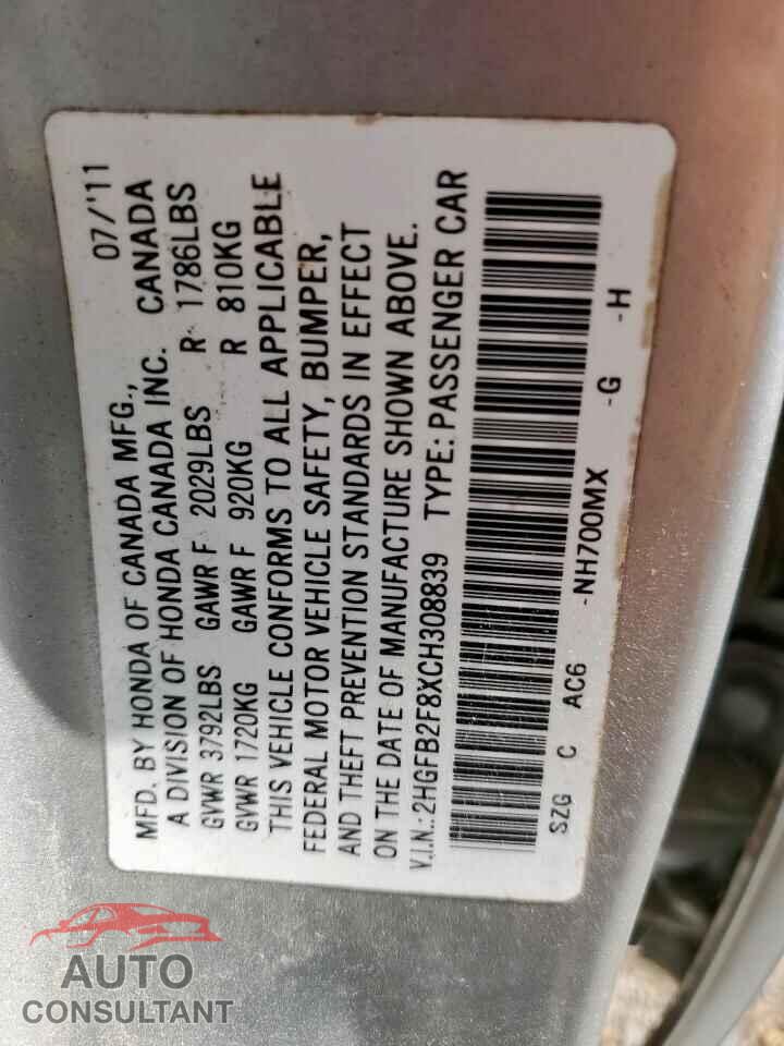 HONDA CIVIC 2012 - 2HGFB2F8XCH308839
