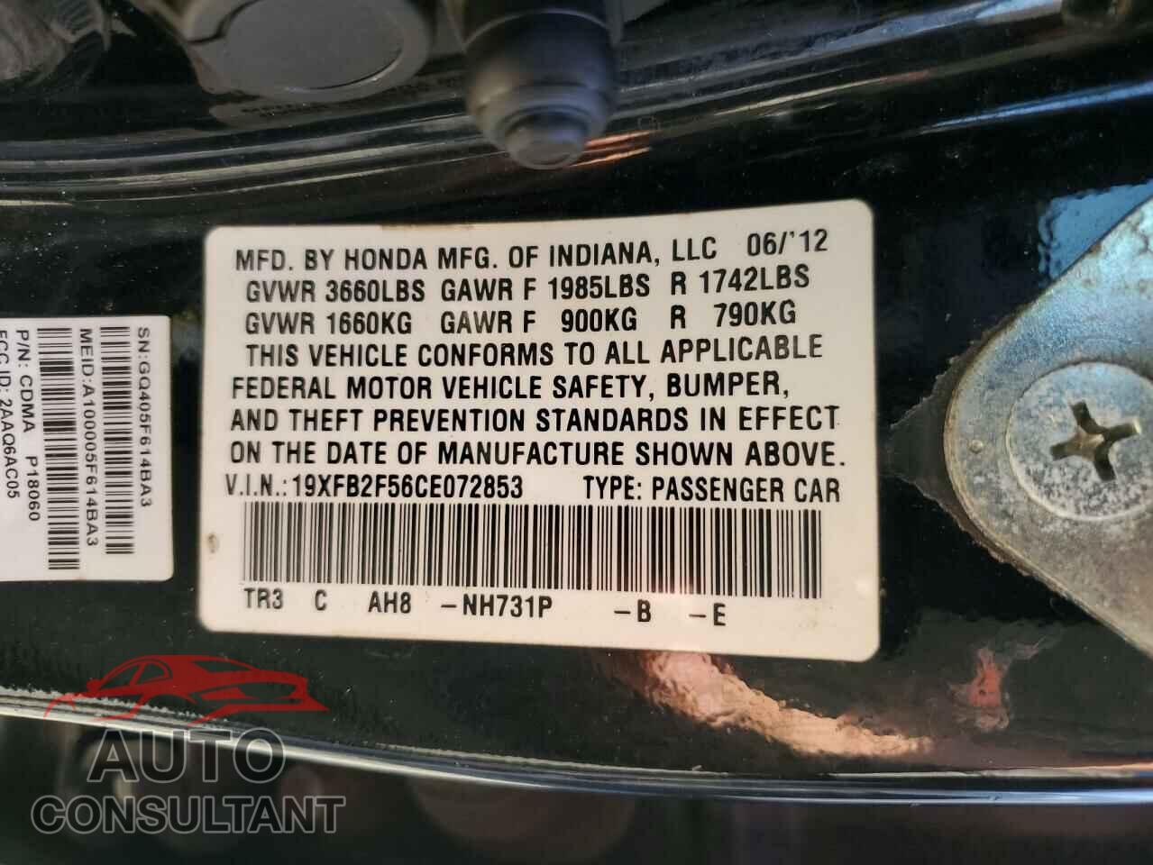 HONDA CIVIC 2012 - 19XFB2F56CE072853