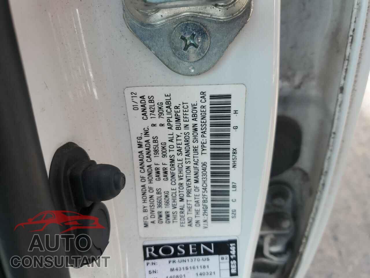 HONDA CIVIC 2012 - 2HGFB2F54CH330406