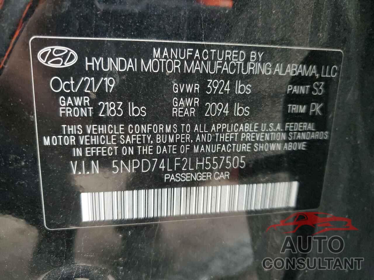 HYUNDAI ELANTRA 2020 - 5NPD74LF2LH557505