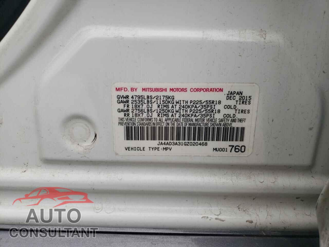 MITSUBISHI OUTLANDER 2016 - JA4AD3A31GZ020468