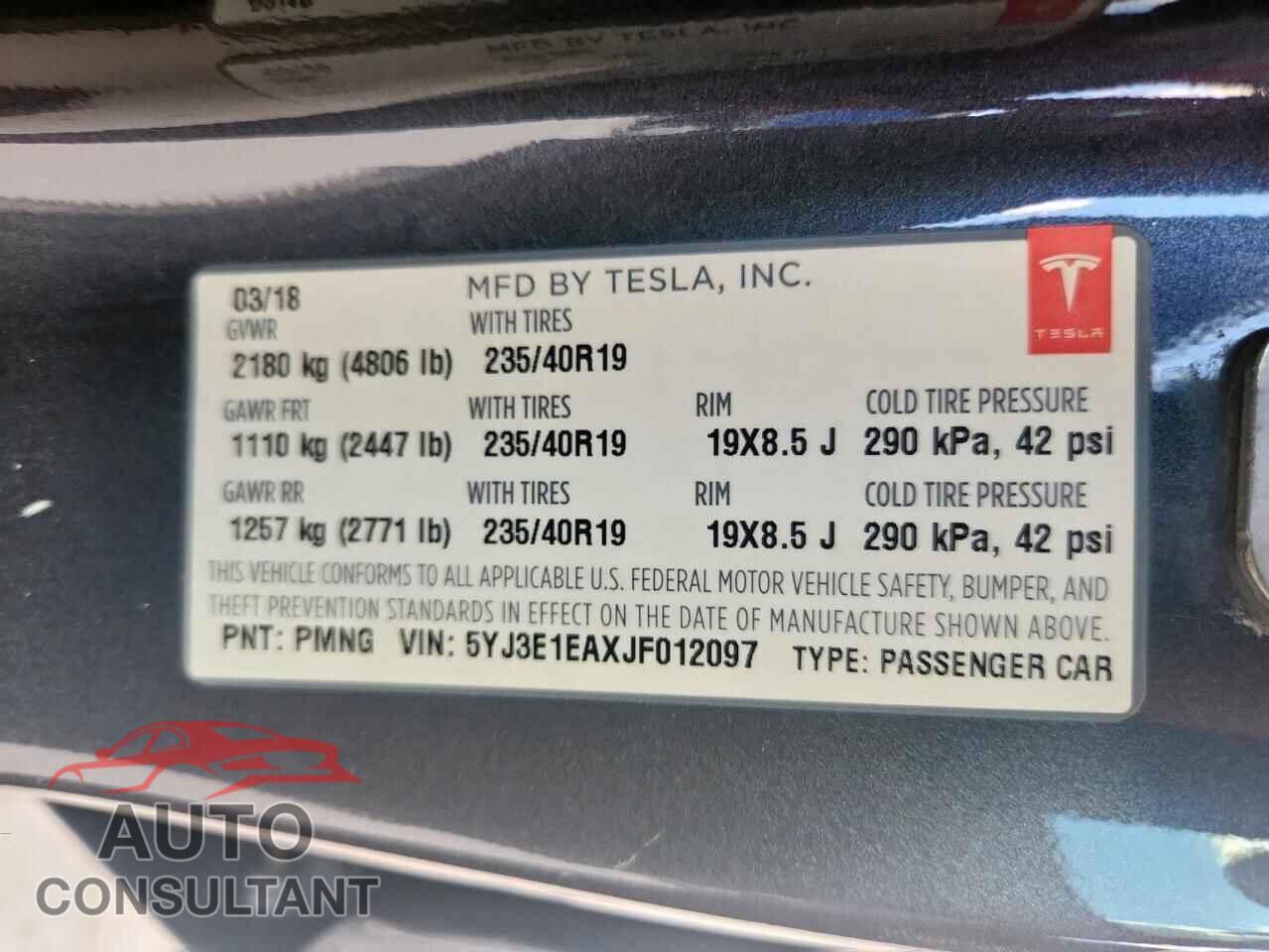 TESLA MODEL 3 2018 - 5YJ3E1EAXJF012097