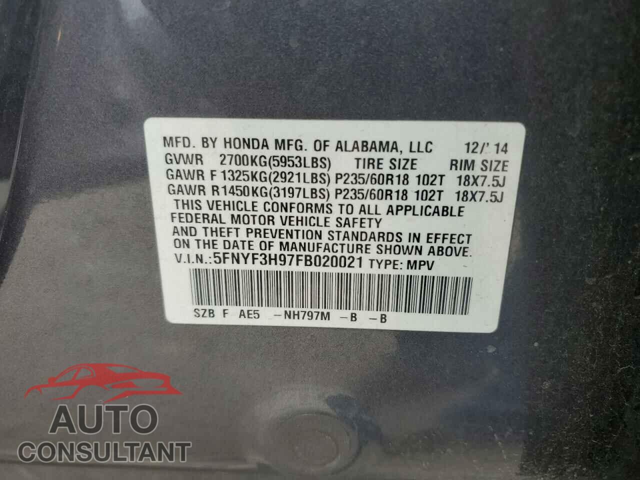 HONDA PILOT 2015 - 5FNYF3H97FB020021